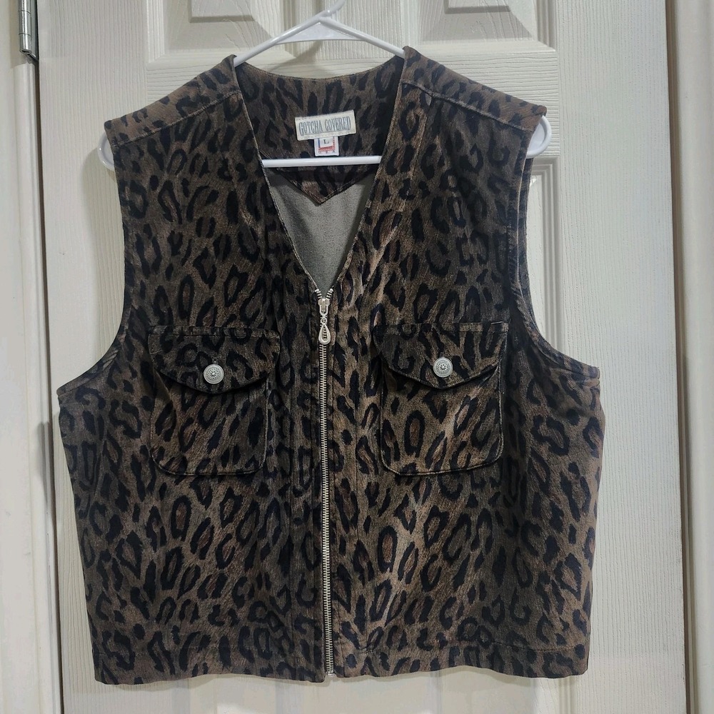Vintage‎ Gotcha Covered Leopard Print Cotton Zip Vest Womens L Made USA